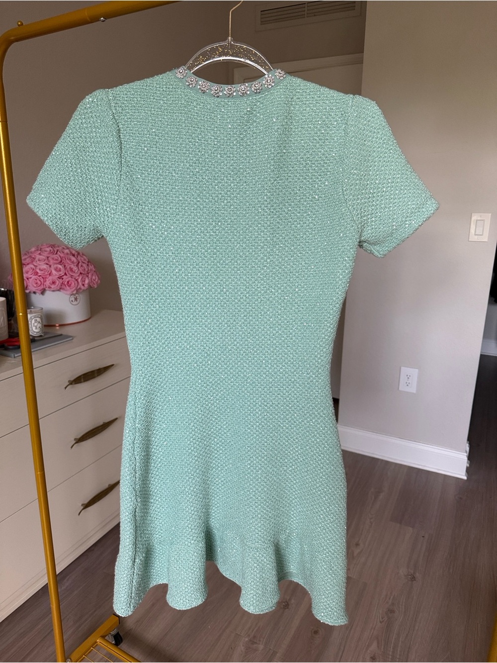 Self-Portrait Mint Green Tweed Short-Sleeve Pocket Dress with Jewel Trim - Picture 5 of 7